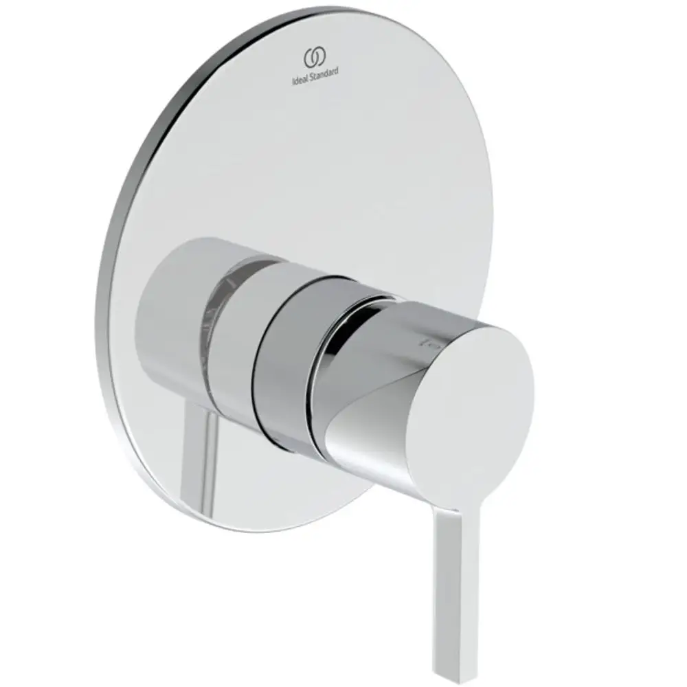Brausearmatur in Chrom mit runder Wandplatte und zwei Drehhebeln, gefertigt von Ideal Standard, für die Regulierung von Wasserfluss und Temperatur.